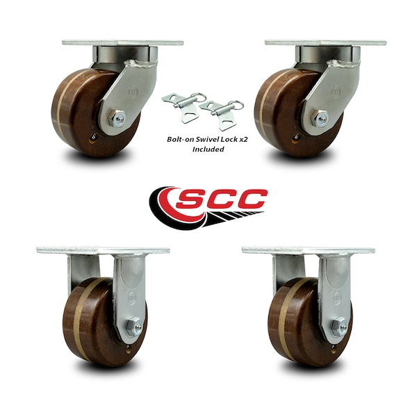 6 Inch Heavy Duty High Temp Phenolic Swivel Caster Swivel Locks 2 Rigid, 2PK